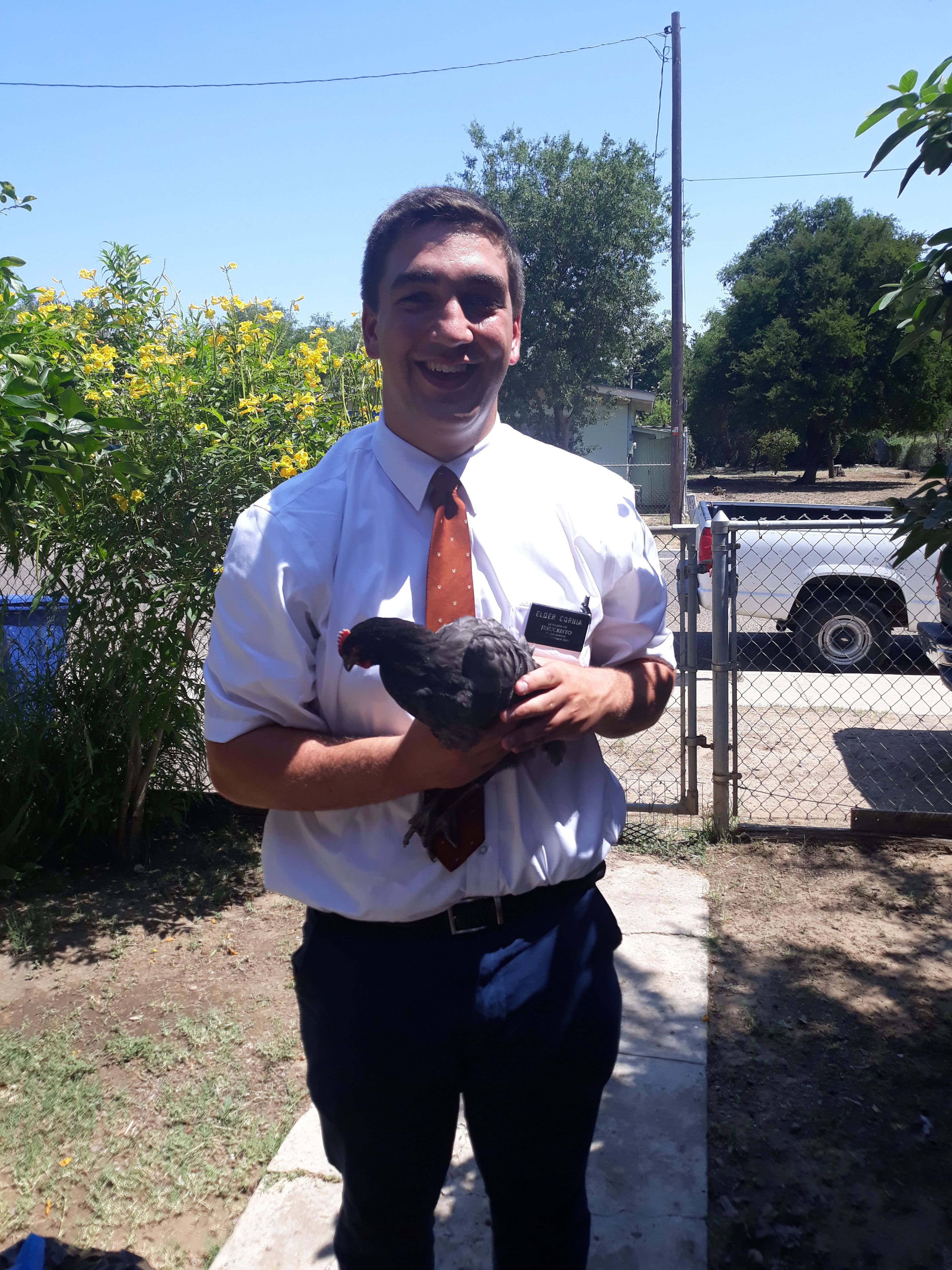 Elder Cornia and a chicken