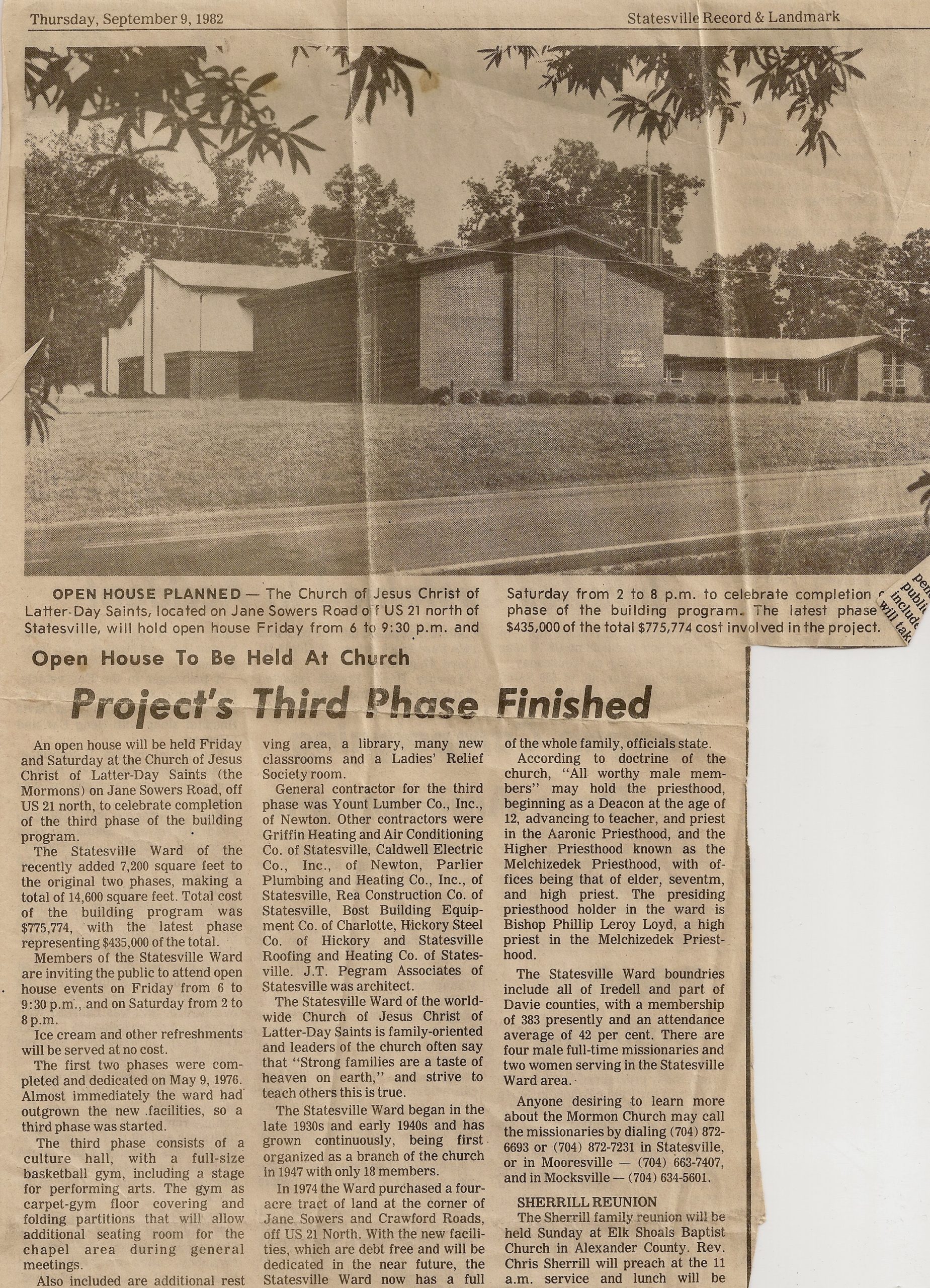 Statesville Ward building newspaper article